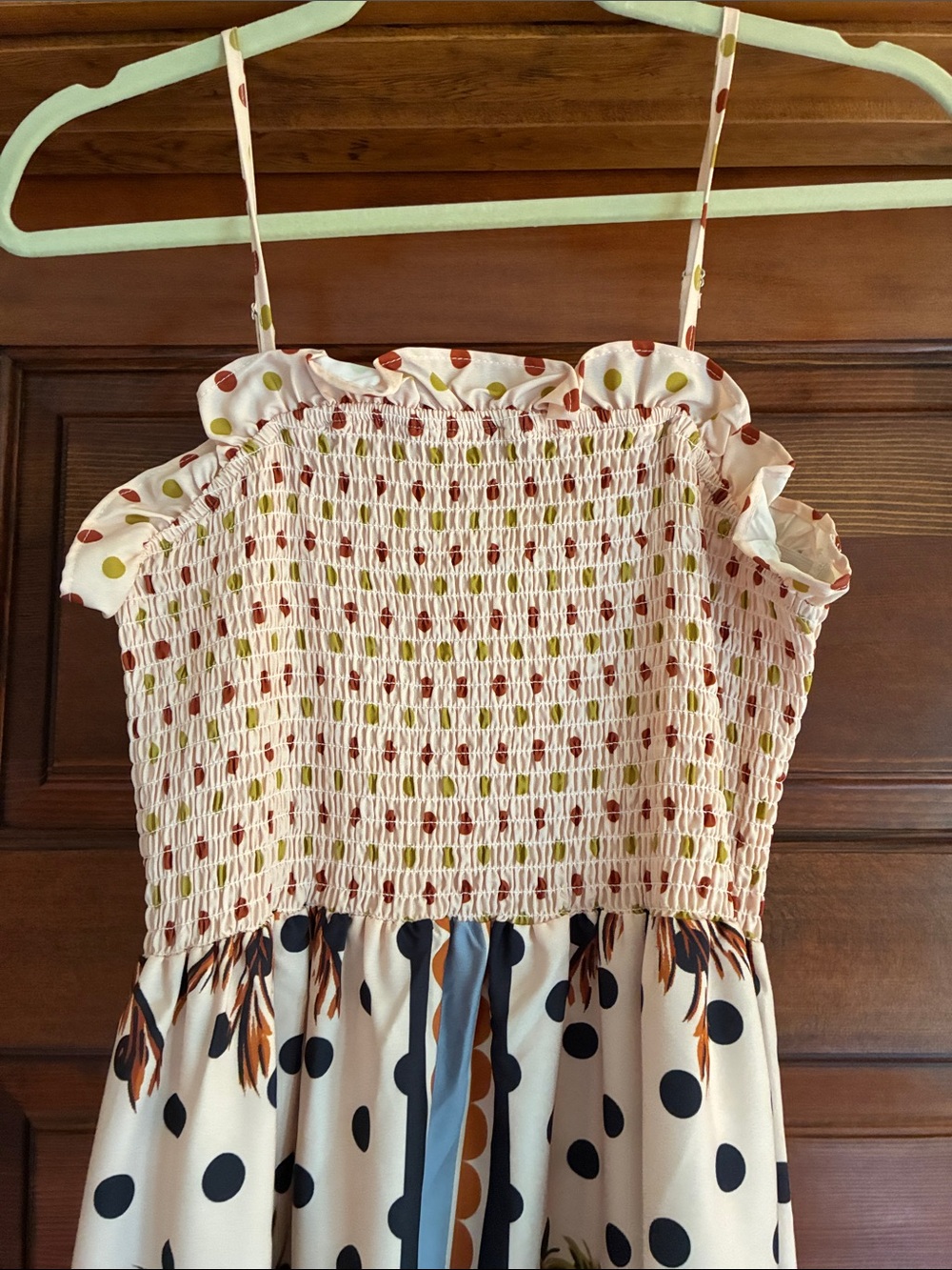 Smocked Maxi Dress with Polka Dot & Botanical Print - Cream, Navy, Olive - Picture 3 of 4